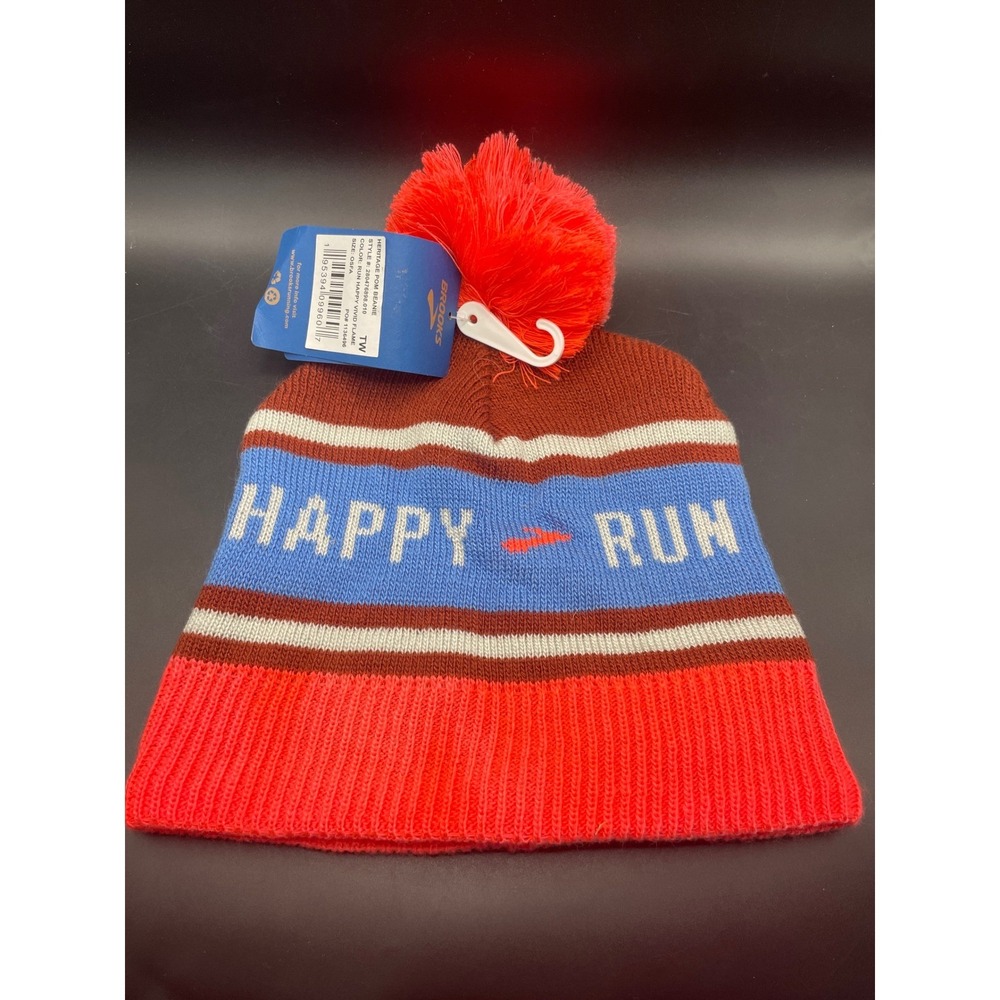 Brooks Heritage Pom Beanie Run Happy Vivid Flame Knit Hat Orange Blue